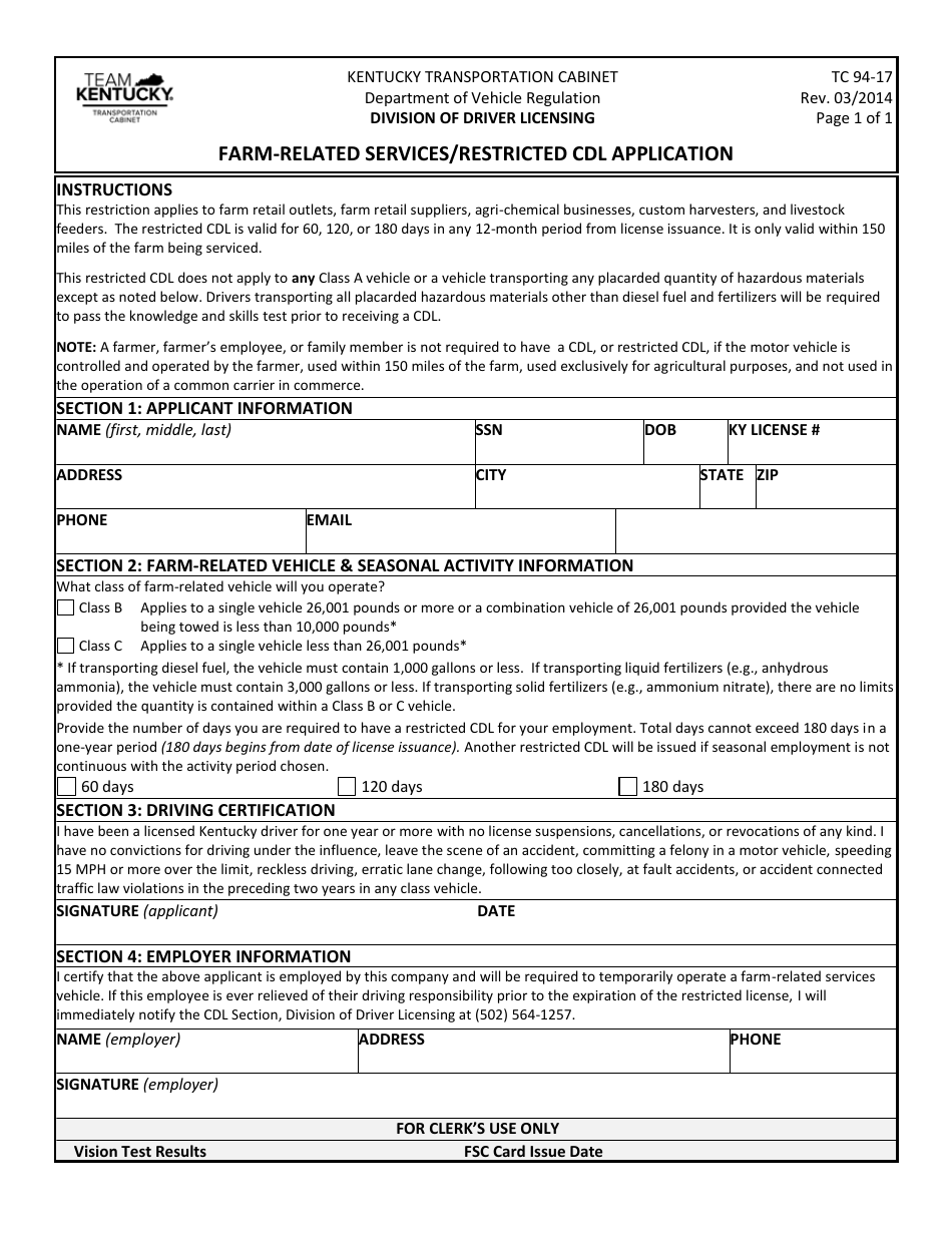 Form TC94-17 Farm-Related Services / Restricted Cdl Application - Kentucky, Page 1
