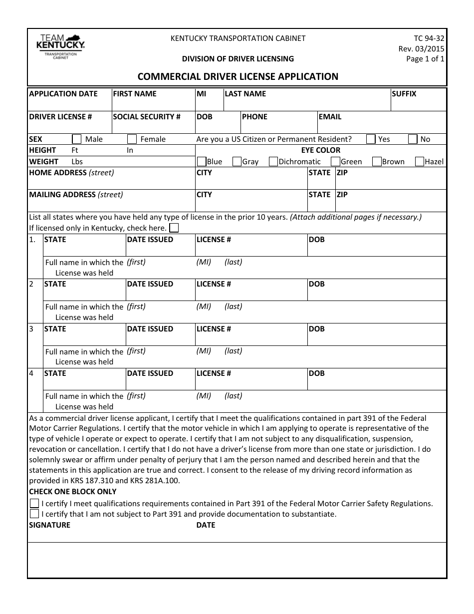 Form TC94-32 Commercial Driver License Application - Kentucky, Page 1