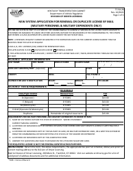 Document preview: Form TC94-28 New System Application for Renewal or Duplicate License by Mail (Military Personnel & Military Dependents Only) - Kentucky