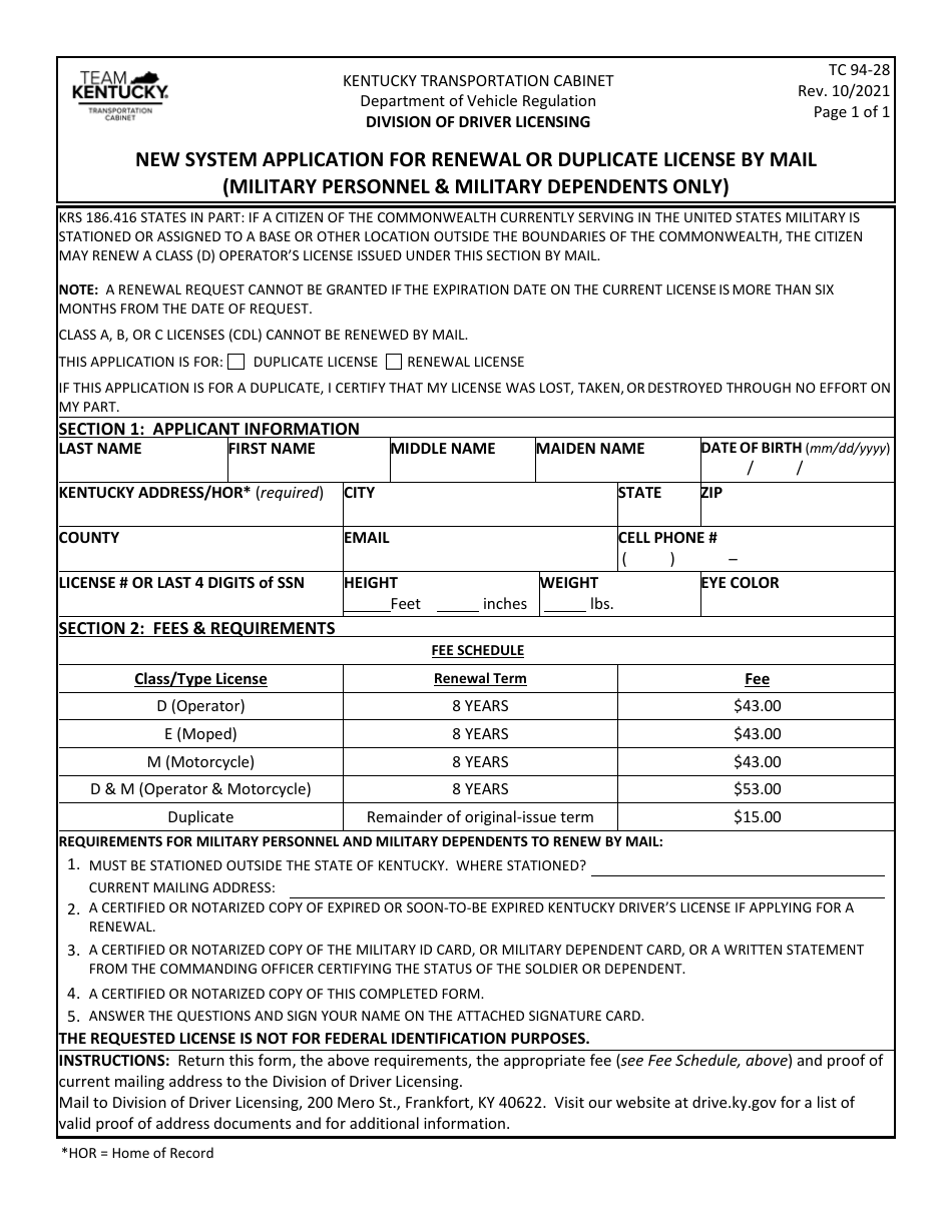 Form TC94-28 New System Application for Renewal or Duplicate License by Mail (Military Personnel  Military Dependents Only) - Kentucky, Page 1