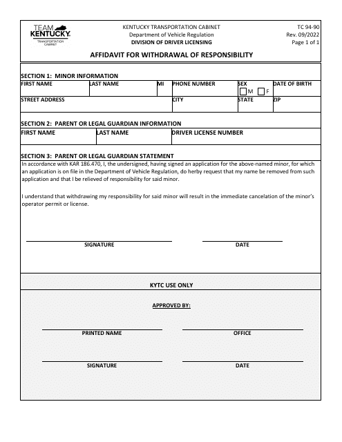 Form TC94-90 Affidavit for Withdrawal of Responsibility - Kentucky