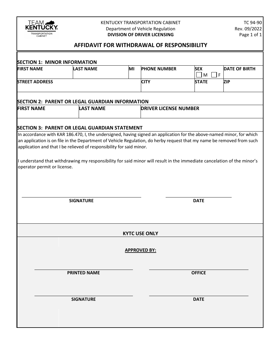 Form TC94-90 Affidavit for Withdrawal of Responsibility - Kentucky, Page 1