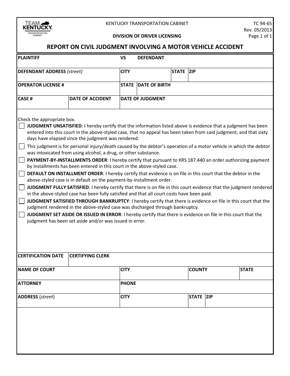 Form TC94-65 Report on Civil Judgment Involving a Motor Vehicle Accident - Kentucky, Page 1