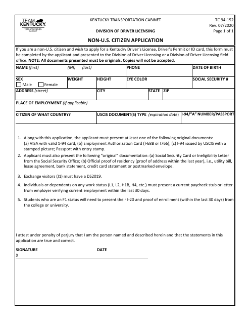 Form TC94-152 Non-U.S. Citizen Application - Kentucky