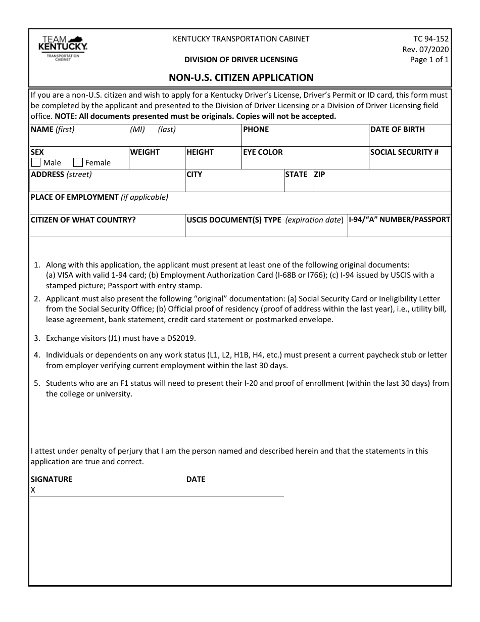 Form TC94-152 Download Printable PDF or Fill Online Non-U.S. Citizen ...