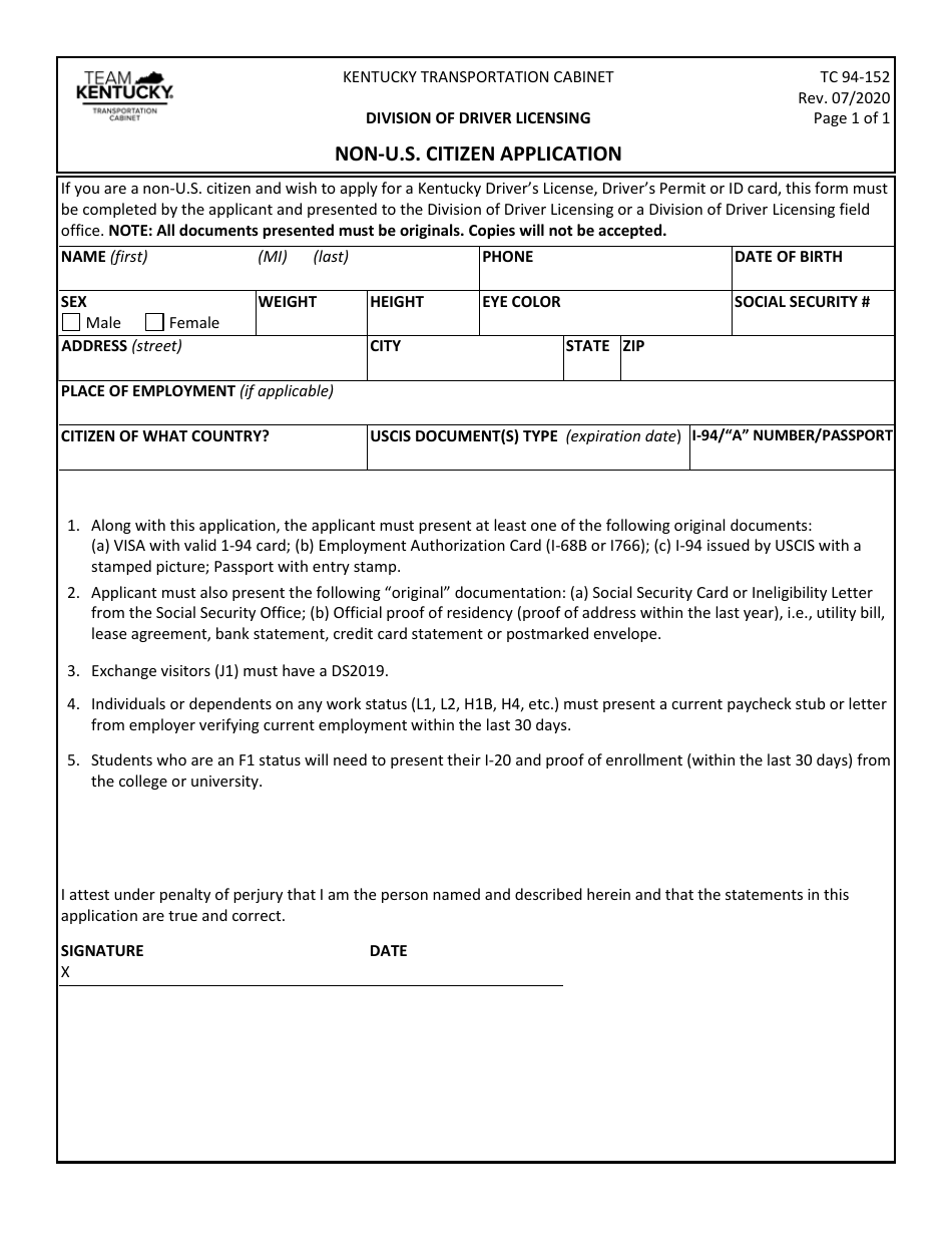 Form TC94-152 Non-U.S. Citizen Application - Kentucky, Page 1