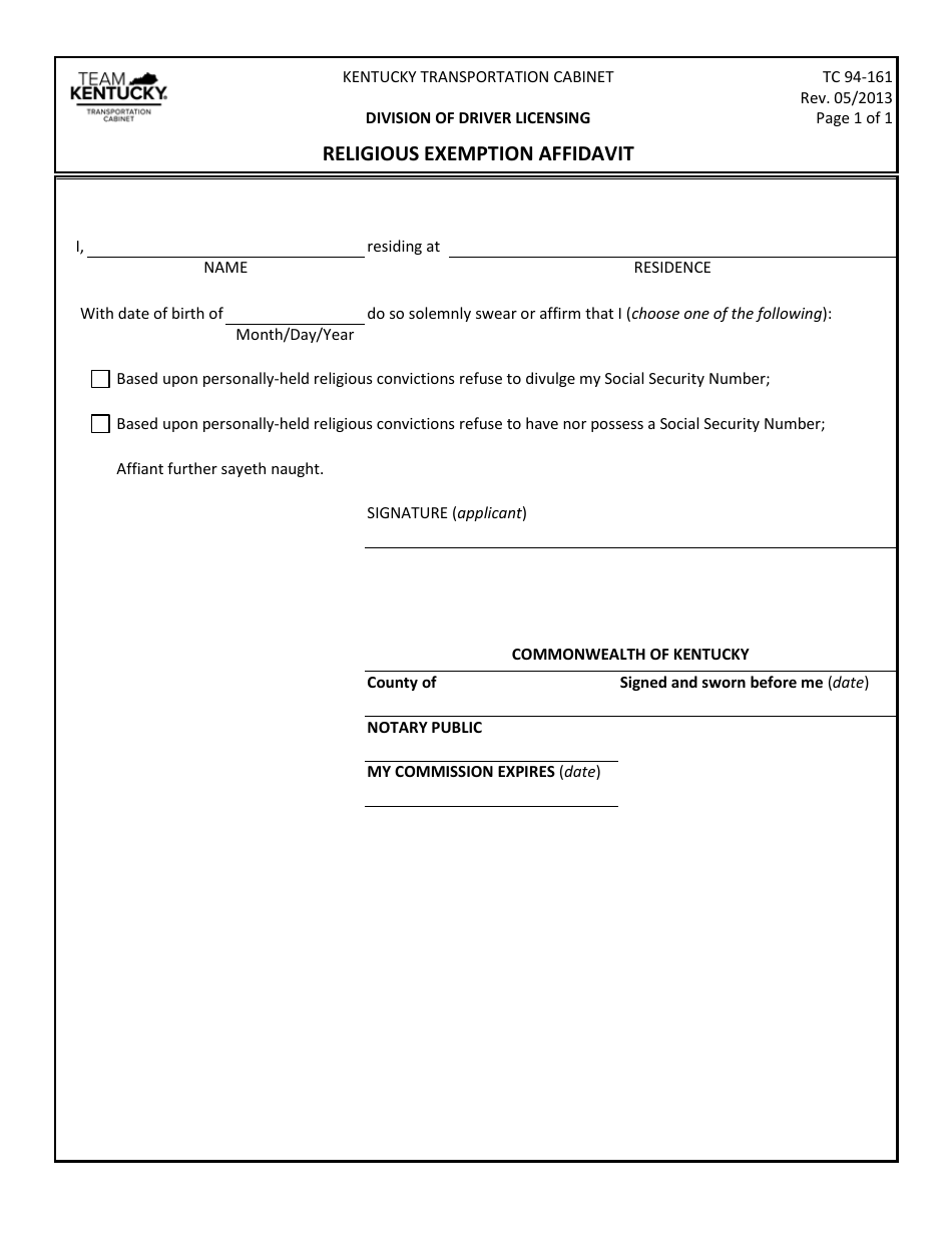 Form TC94-161 Religious Exemption Affidavit - Kentucky, Page 1