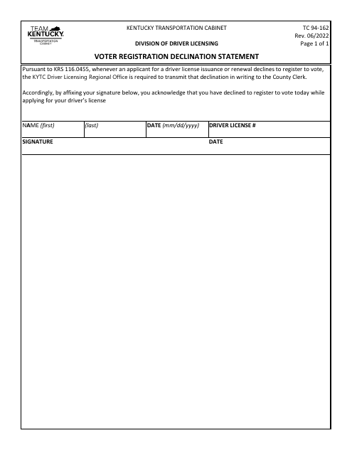 Form TC94-162 Voter Registration Declination Statement - Kentucky