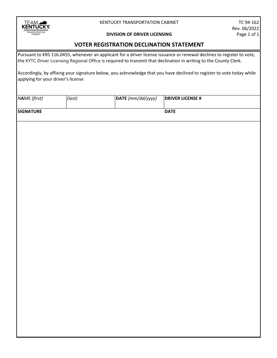 Form TC94-162 Voter Registration Declination Statement - Kentucky, Page 1