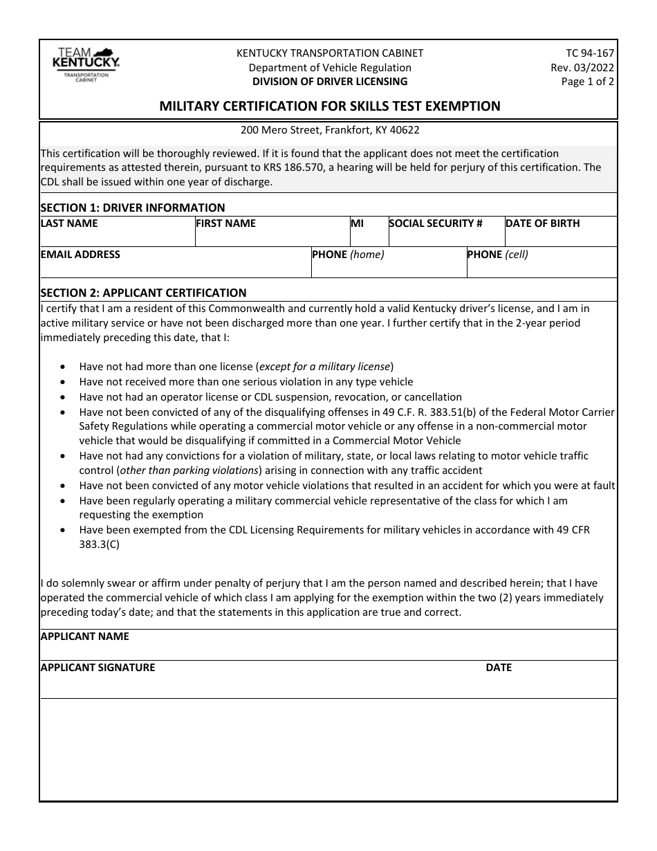 Form TC94-167 Military Certification for Skills Test Exemption - Kentucky, Page 1