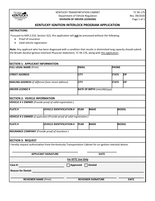 Form TC94-175 Kentucky Ignition Interlock Program Application - Kentucky