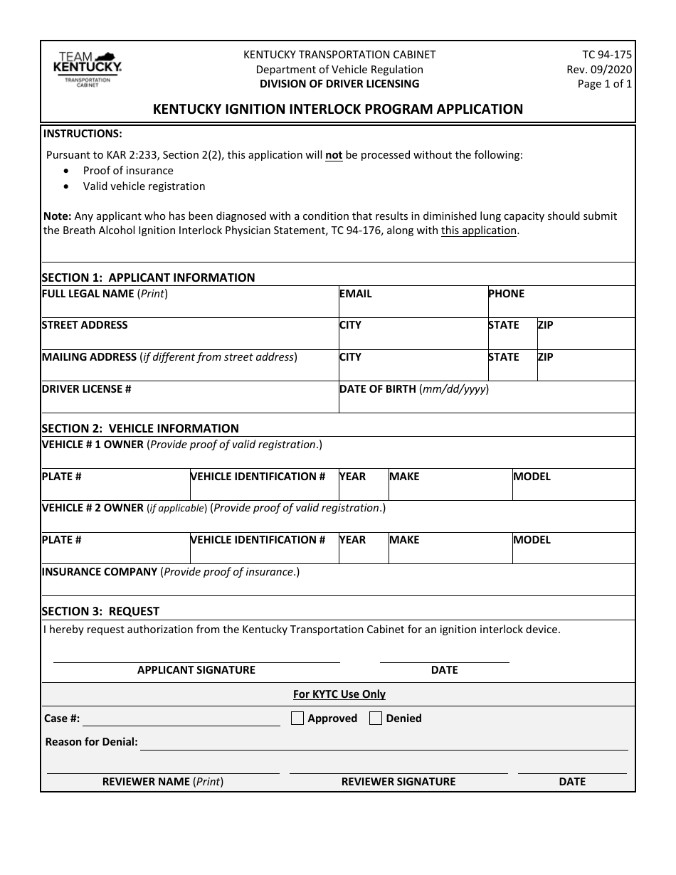 Form TC94-175 Kentucky Ignition Interlock Program Application - Kentucky, Page 1