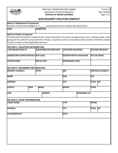 Form TC94-179 Non-resident Violator Compact - Kentucky