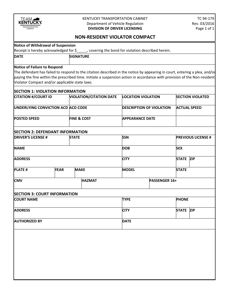 Form TC94-179 Non-resident Violator Compact - Kentucky, Page 1