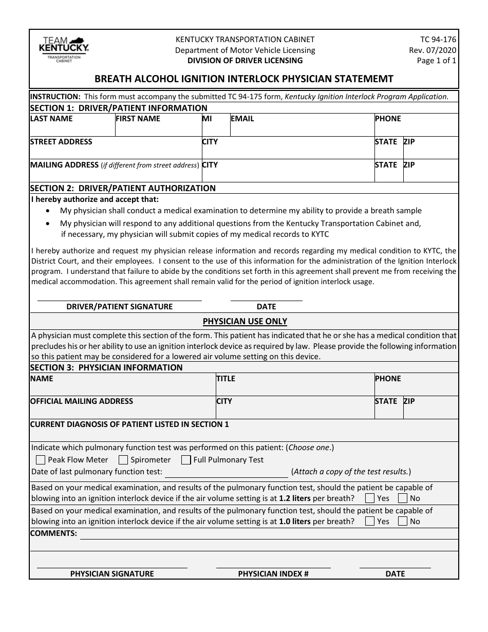 Form TC94-176 Breath Alcohol Ignition Interlock Physician Statememt - Kentucky, Page 1