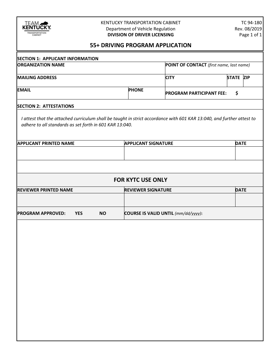 Form TC94-180 55+ Driving Program Application - Kentucky, Page 1