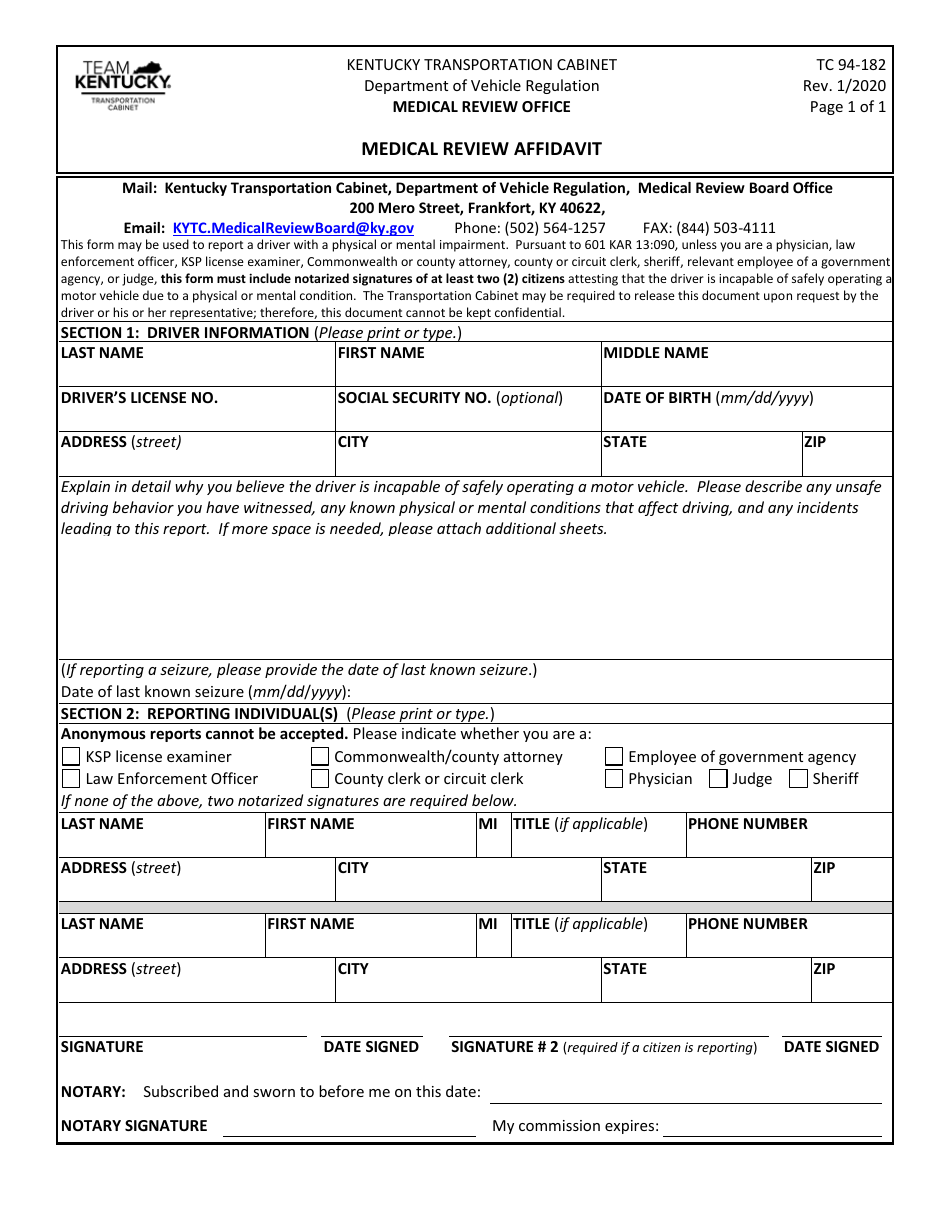 Form TC94-182 Medical Review Affidavit - Kentucky, Page 1