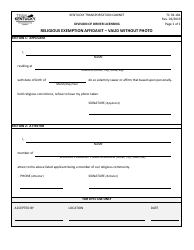 Document preview: Form TC94-181 Religious Exemption Affidavit - Valid Without Photo - Kentucky