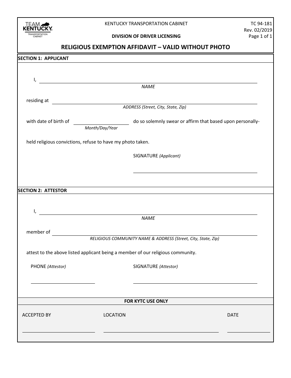 Form TC94-181 Religious Exemption Affidavit - Valid Without Photo - Kentucky, Page 1