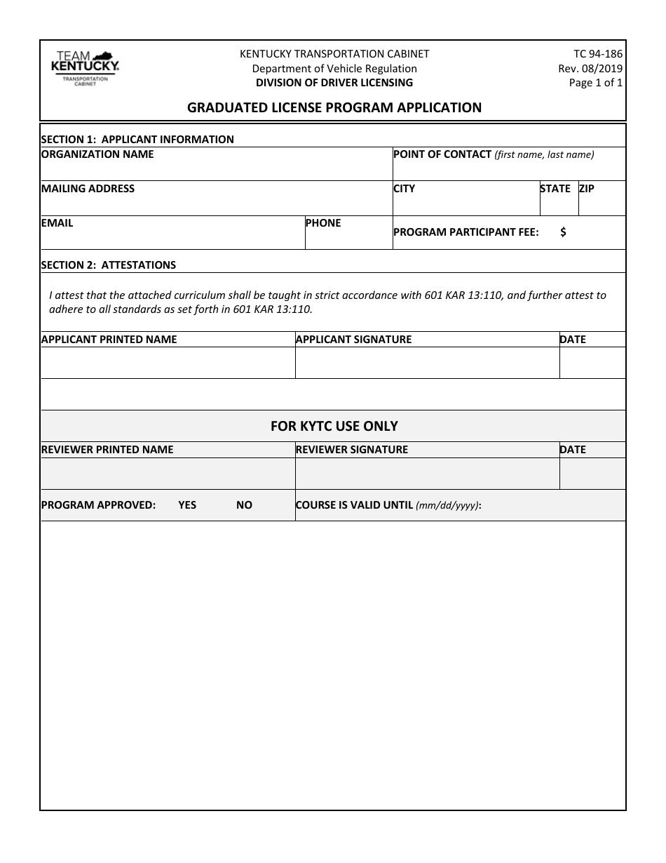 Form TC94-186 Graduated License Program Application - Kentucky, Page 1