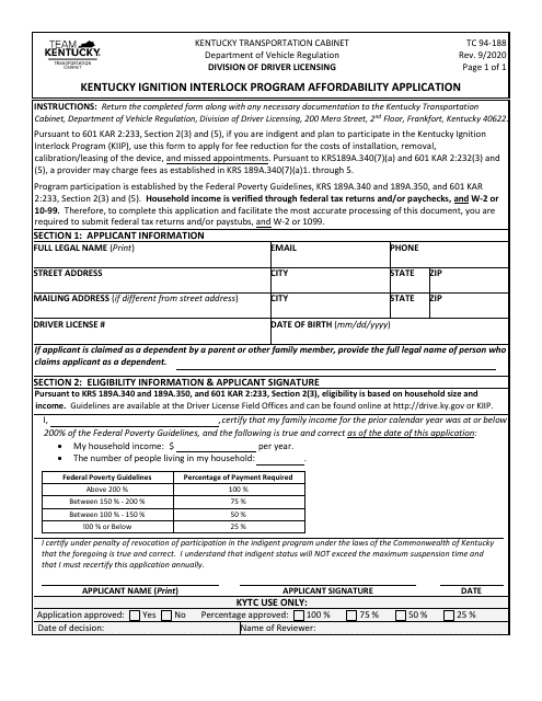Form TC94-188 Kentucky Ignition Interlock Program Affordability Application - Kentucky