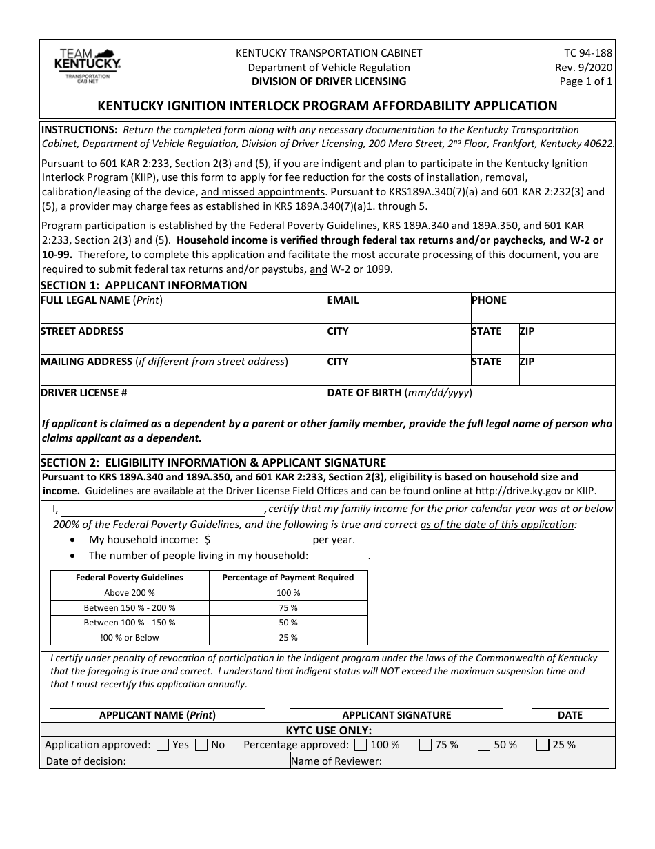Form TC94-188 Kentucky Ignition Interlock Program Affordability Application - Kentucky, Page 1