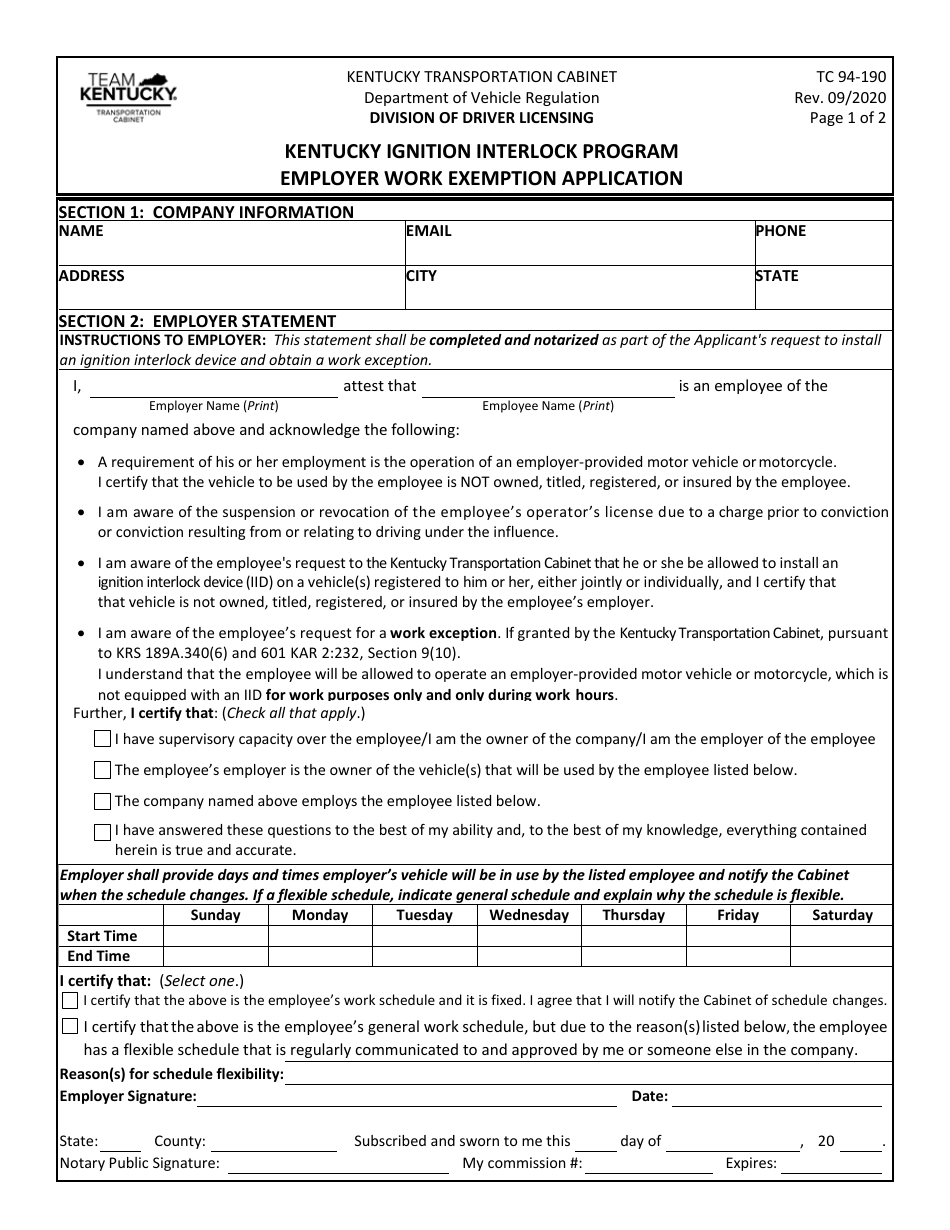 Form TC94-190 Employer Work Exemption Application - Kentucky Ignition Interlock Program - Kentucky, Page 1