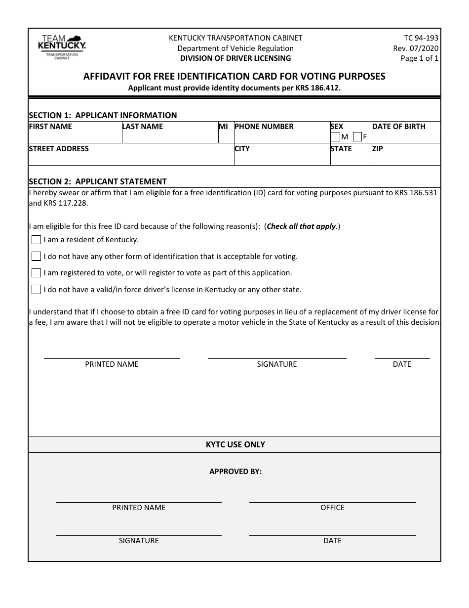 Form TC94-193 Affidavit for Free Identification Card for Voting Purposes - Kentucky, Page 1
