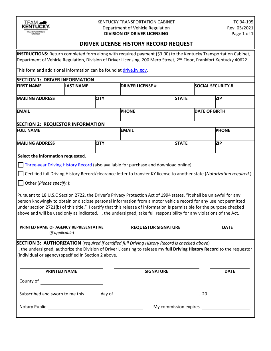 Form TC94-195 Driver License History Record Request - Kentucky, Page 1
