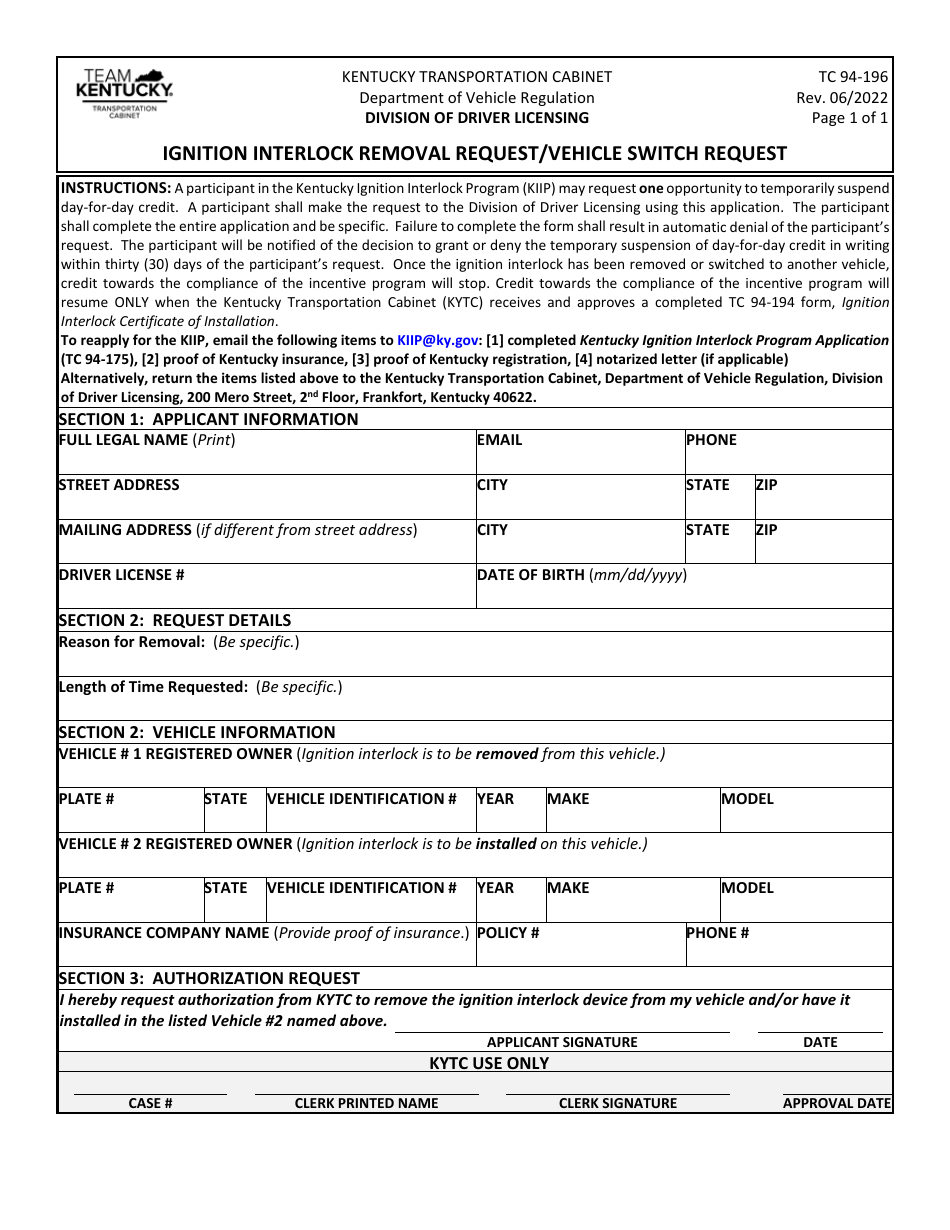 Form TC94-196 Ignition Interlock Removal Request / Vehicle Switch Request - Kentucky, Page 1