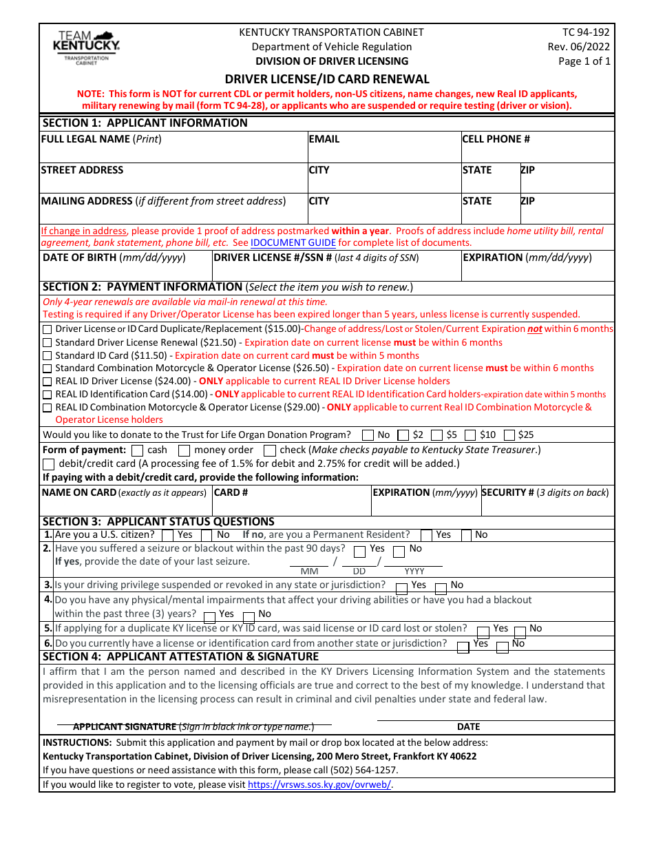Form TC94-192 Driver License / Id Card Renewal - Kentucky, Page 1