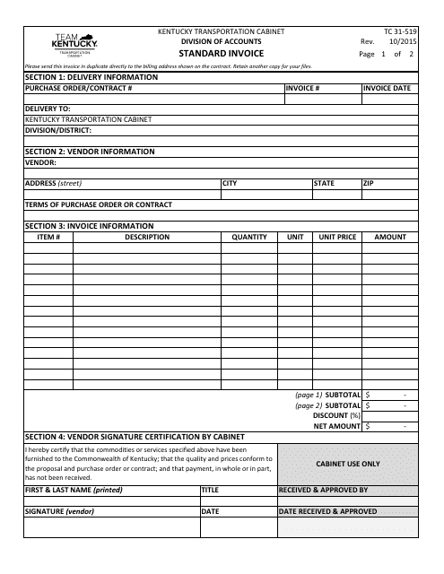 Form TC31-519 Standard Invoice - Kentucky