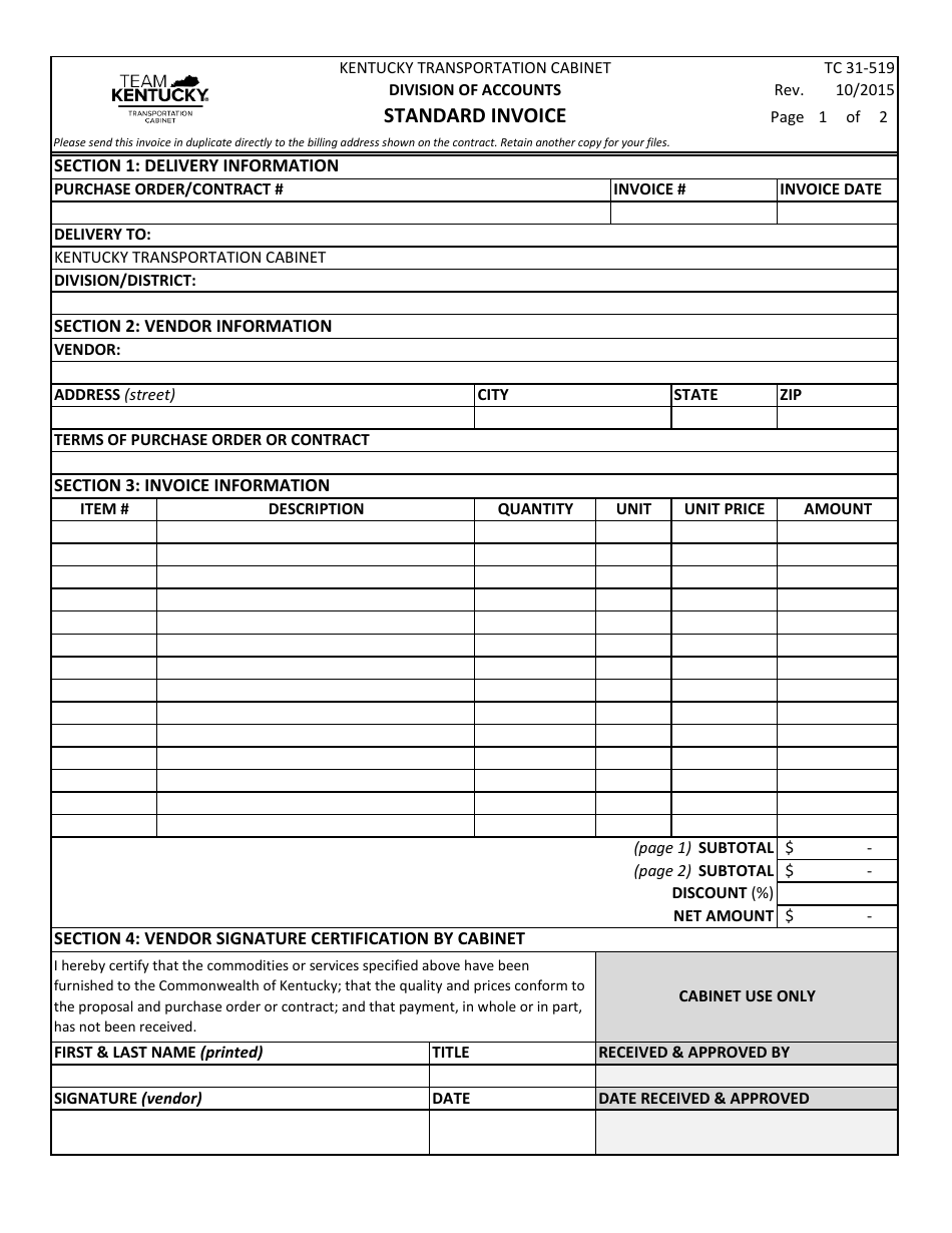 Form TC31-519 Standard Invoice - Kentucky, Page 1