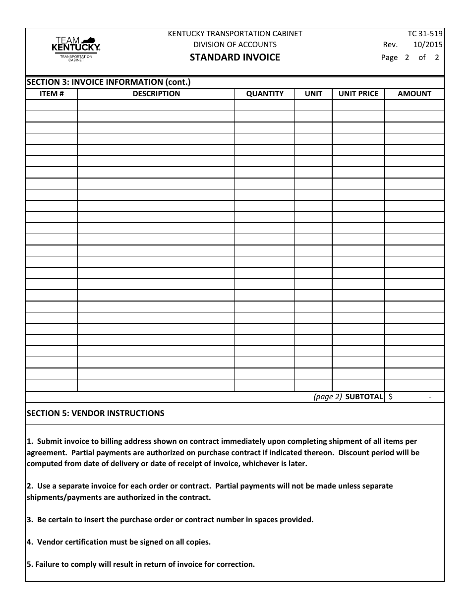 Form TC31-519 Standard Invoice - Kentucky, Page 2