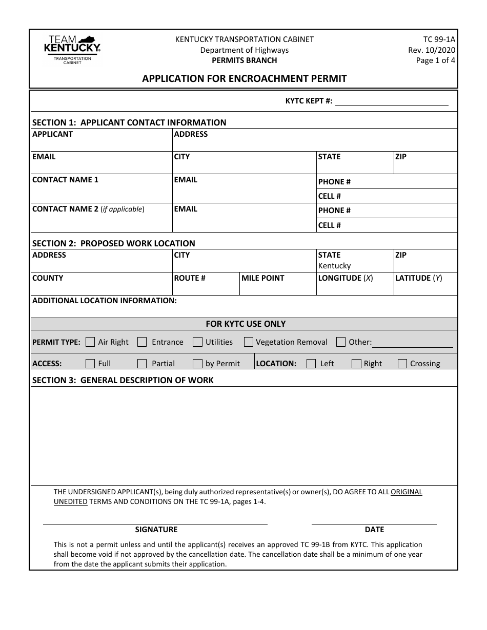 Form TC99-1A Application for Encroachment Permit - Kentucky, Page 1