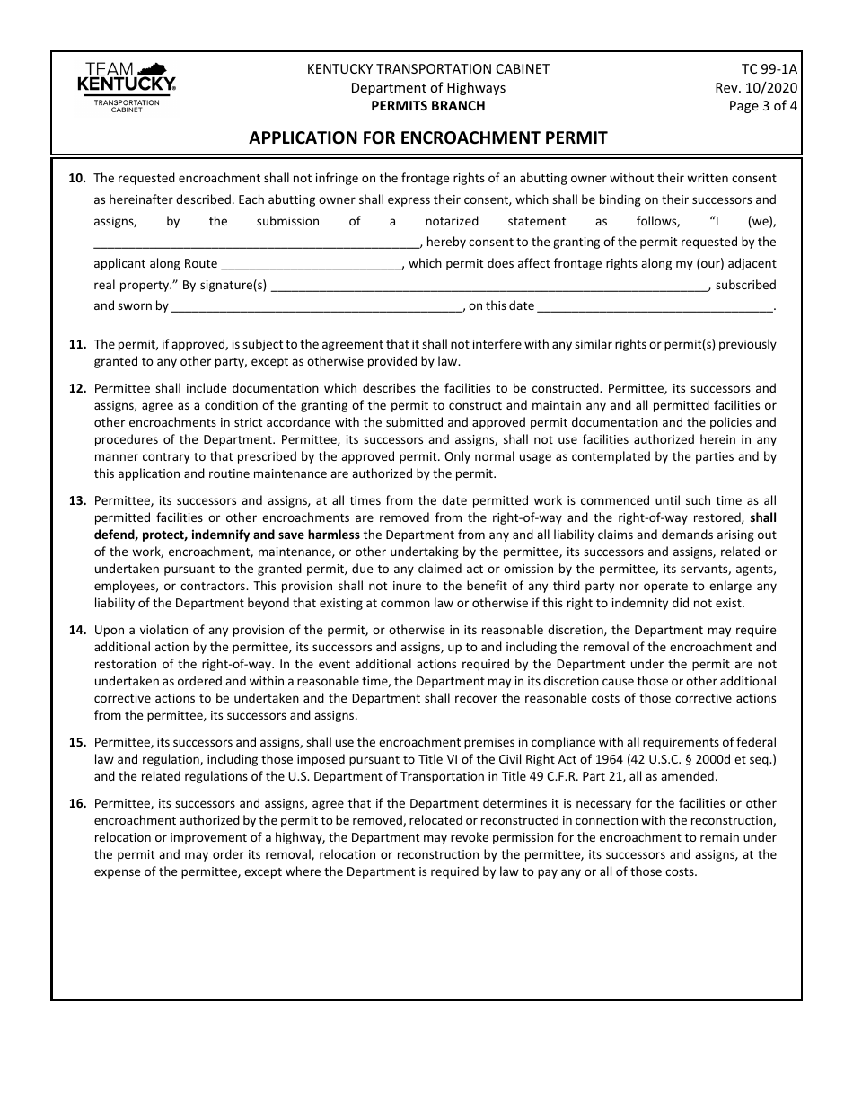 Form TC99-1A Application for Encroachment Permit - Kentucky, Page 3