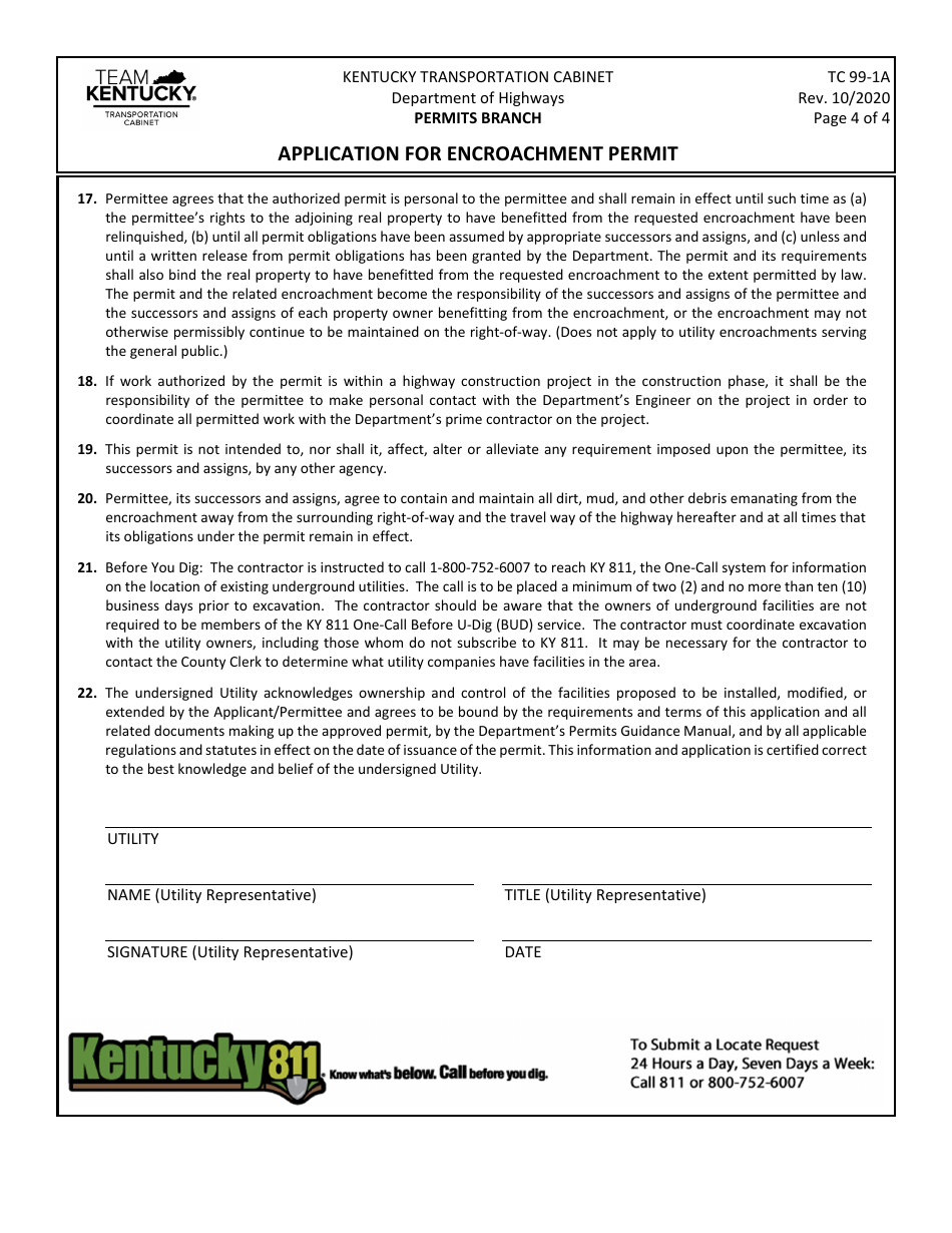 Form TC99-1A Application for Encroachment Permit - Kentucky, Page 4