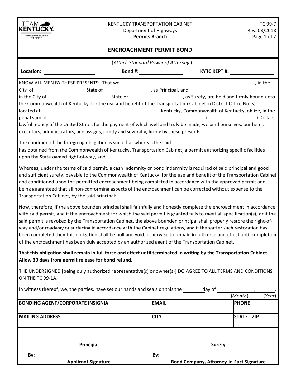 Form TC99-7 Encroachment Permit Bond - Kentucky, Page 1