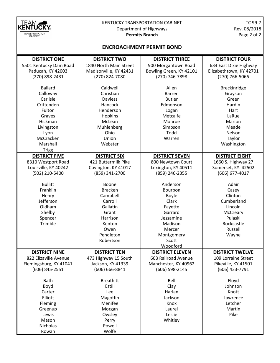 Form TC99-7 Encroachment Permit Bond - Kentucky, Page 2