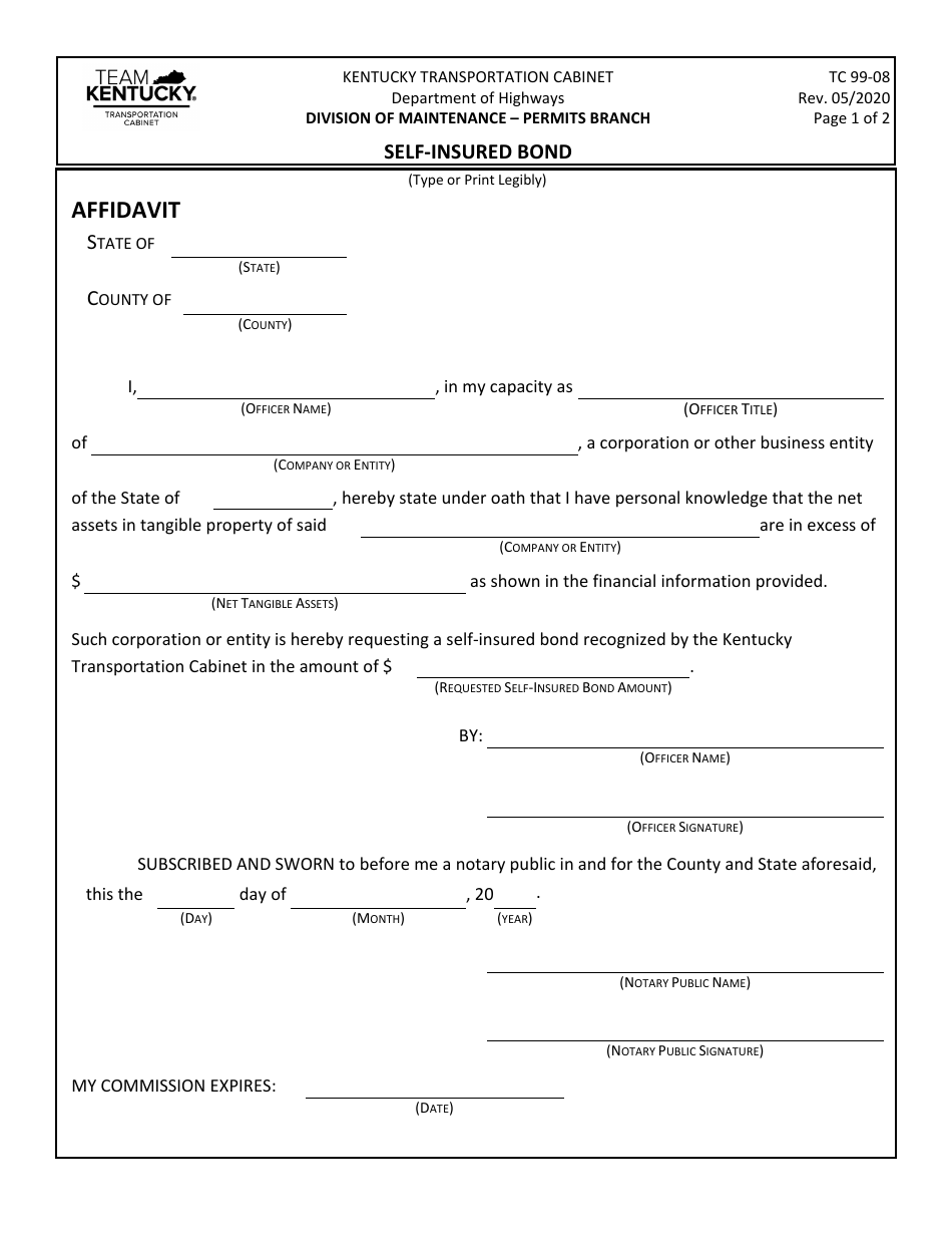 Form TC99-08 Self-insured Bond - Kentucky, Page 1