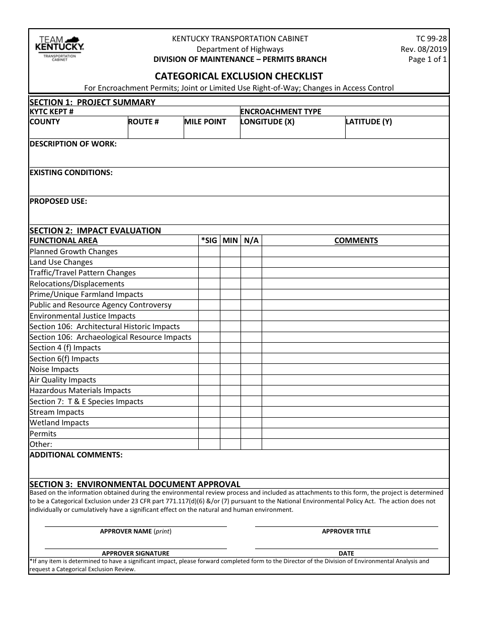 Form TC99-28 Categorical Exclusion Checklist - Kentucky, Page 1