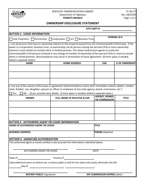 Document preview: Form TC99-27 Ownership Disclosure Statement - Kentucky