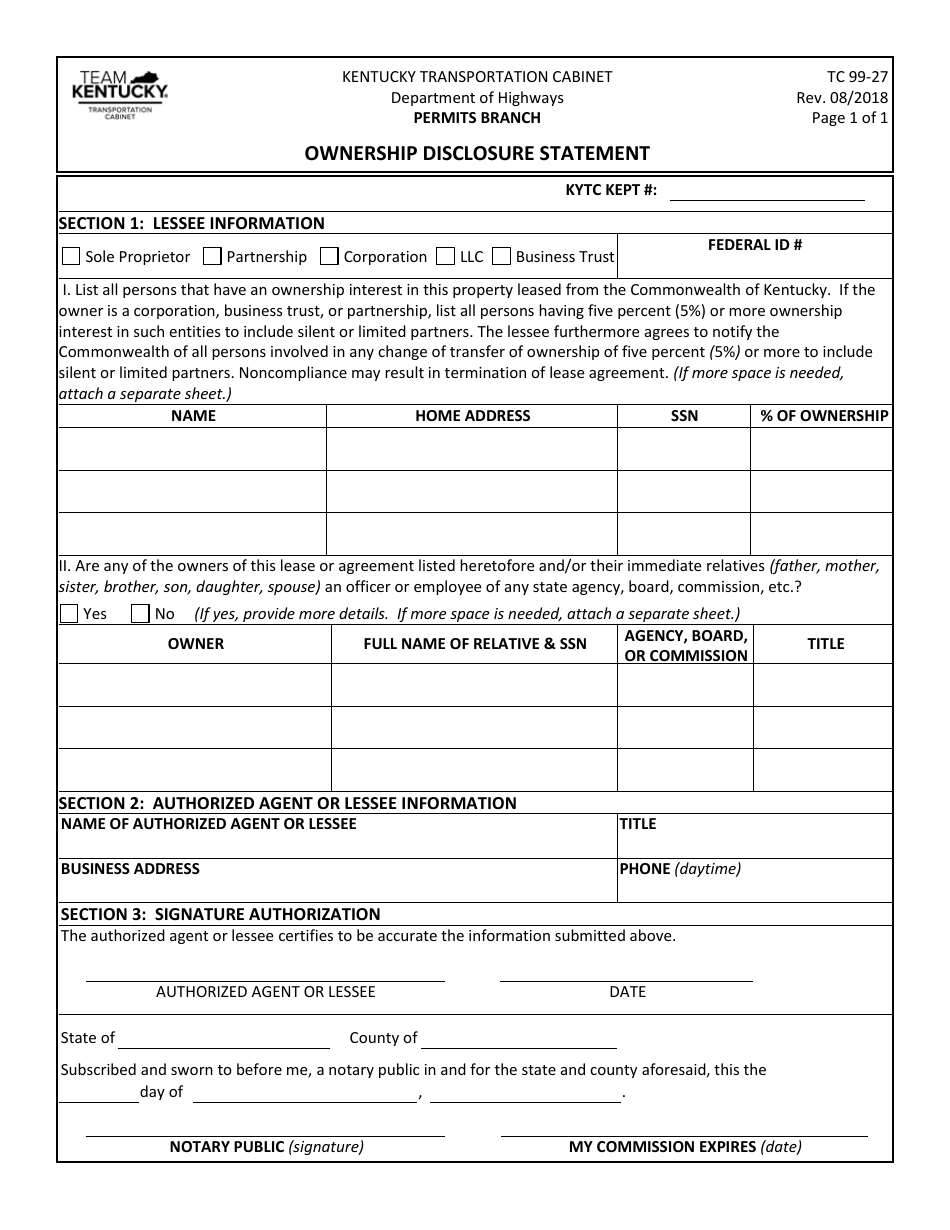 Form TC99-27 Ownership Disclosure Statement - Kentucky, Page 1
