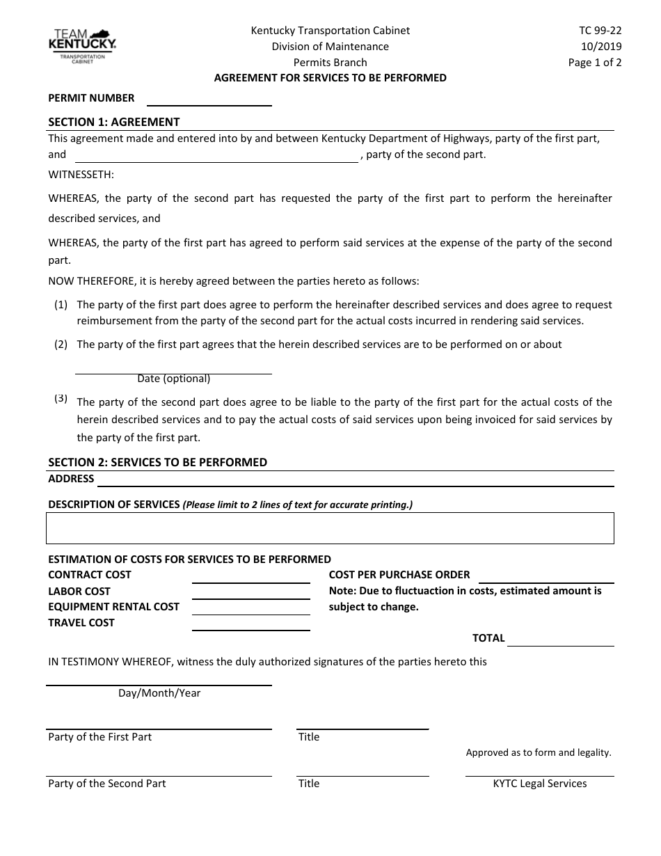 Form TC99-22 Agreement for Services to Be Performed - Kentucky, Page 1