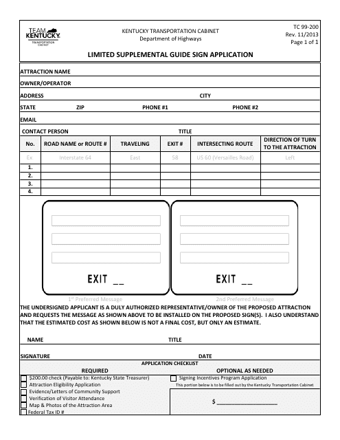 Form TC99-200 Limited Supplemental Guide Sign Application - Kentucky