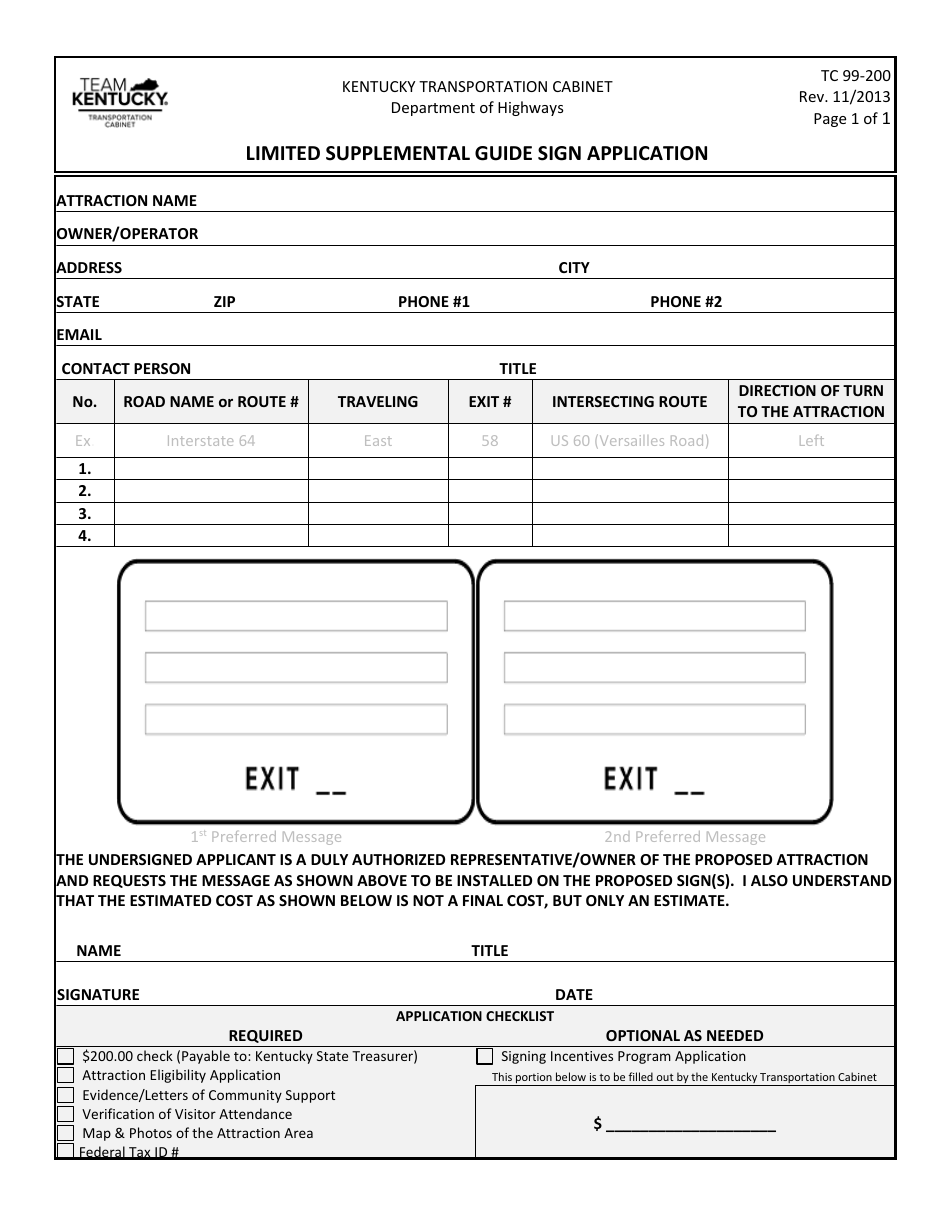 Form TC99-200 Limited Supplemental Guide Sign Application - Kentucky, Page 1