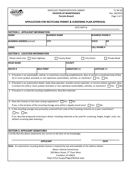 Form TC99-56 Application for Recycling Permit & Screening Plan Approval - Kentucky