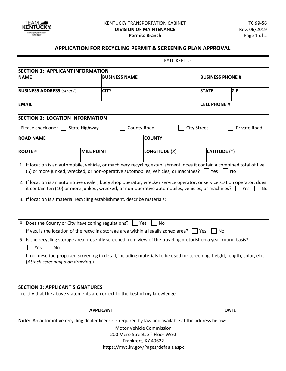 Form TC99-56 Application for Recycling Permit  Screening Plan Approval - Kentucky, Page 1