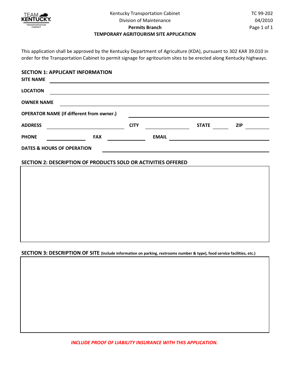 Form TC99-202 Temporary Agritourism Site Application - Kentucky, Page 1
