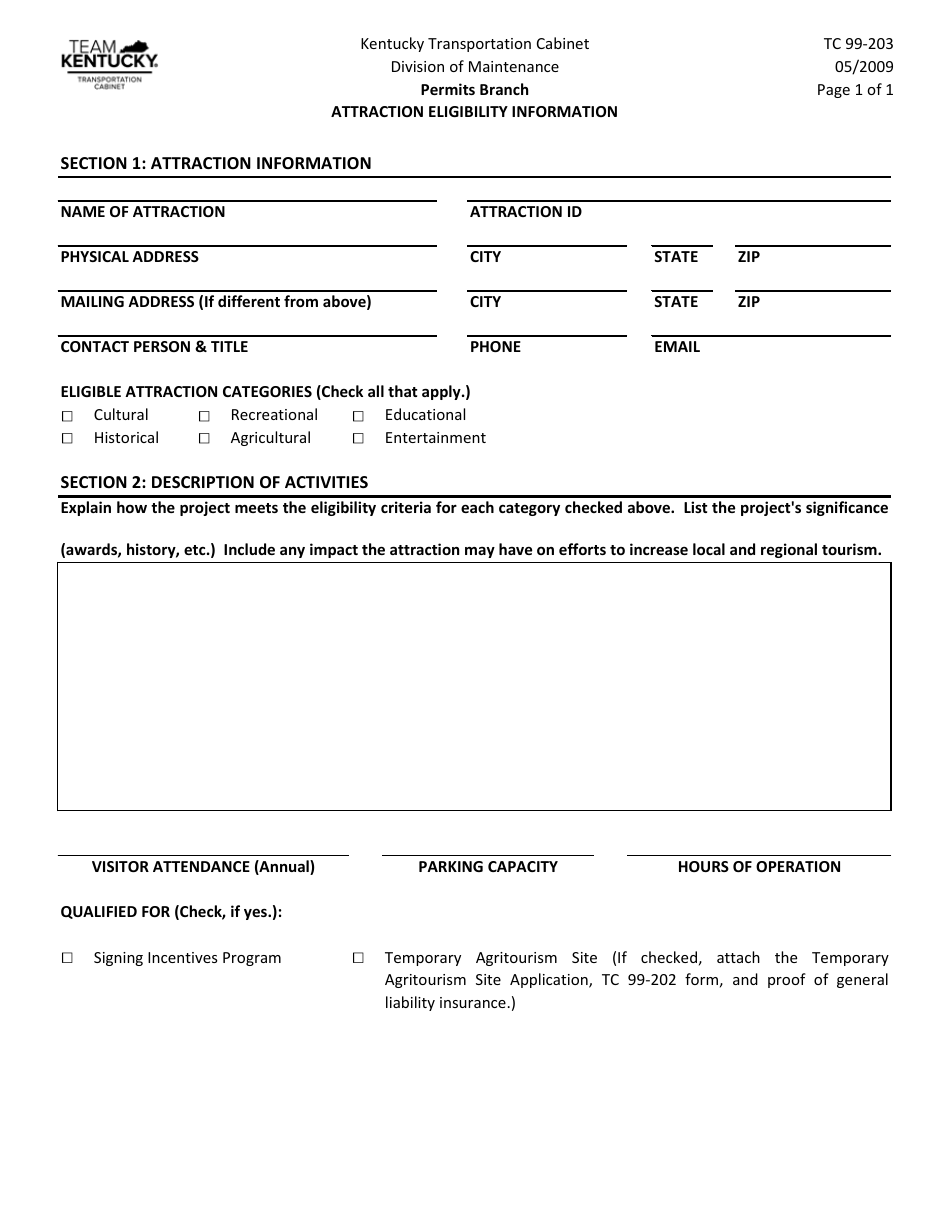Form TC99-203 Attraction Eligibility Information - Kentucky, Page 1